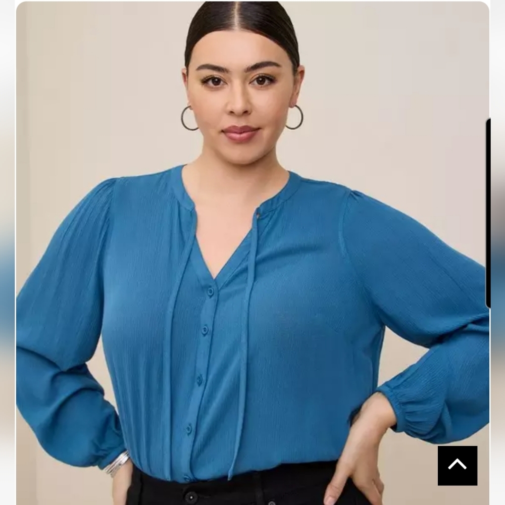 Torrid 3X blue crinkle gauze button long sleeve blouse Business Casual Office